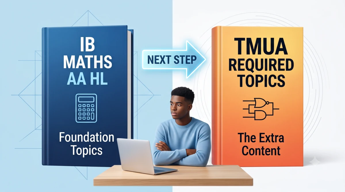 Two textbooks side by side: a blue IB Maths AA HL volume labelled Foundation Topics, and an orange TMUA volume labelled The Extra Content, with a next-step arrow between them and a student working at a laptop