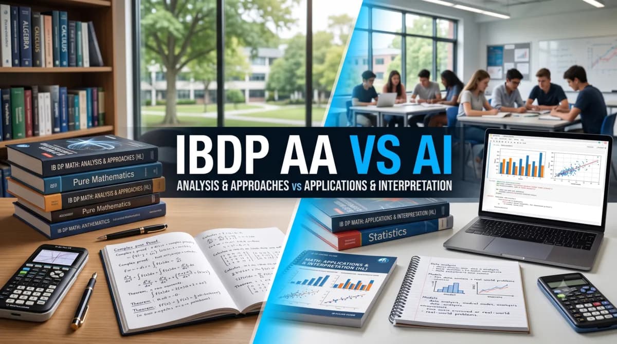 Split-screen comparison of IB Maths Analysis & Approaches (proof, calculus, textbooks) and Applications & Interpretation (statistics, laptop data analysis, group study)