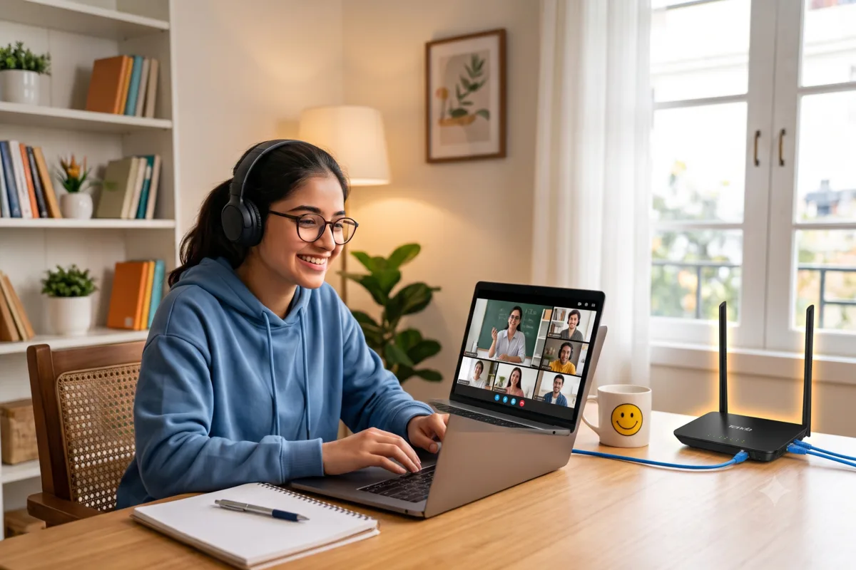 Student attending a live online class on a laptop, with the WiFi router on the same desk connected by a LAN cable